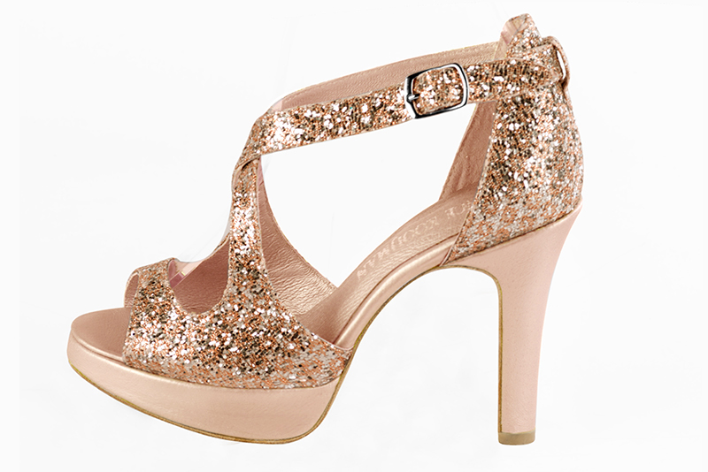 Copper gold women's closed back sandals, with crossed straps. Round toe. Very high slim heel with a platform at the front. Profile view - Florence KOOIJMAN